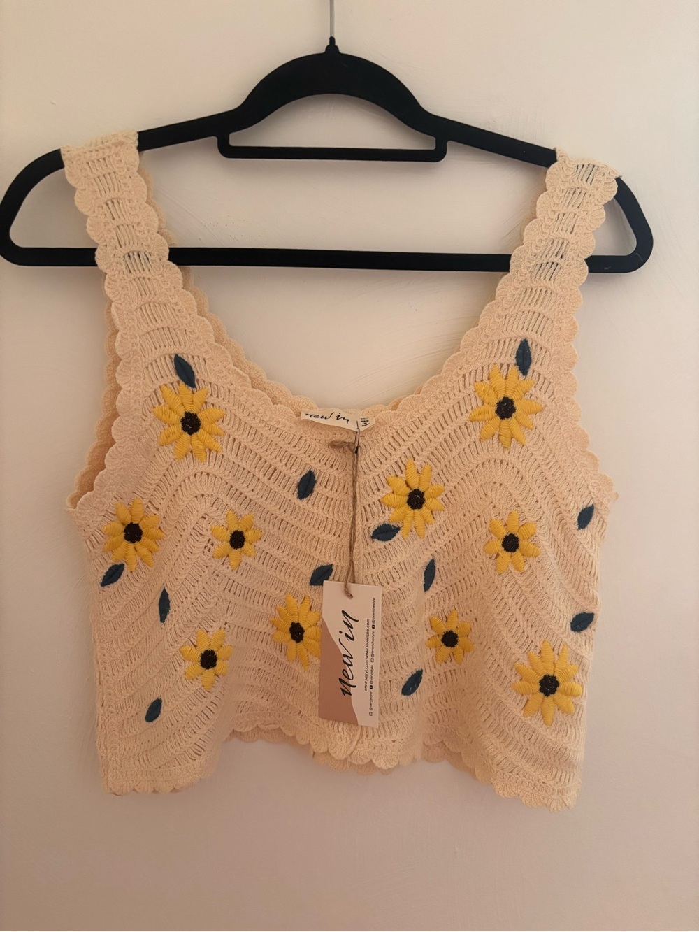 new in Cream Crochet Floral Crop Top with Yellow Embroidery